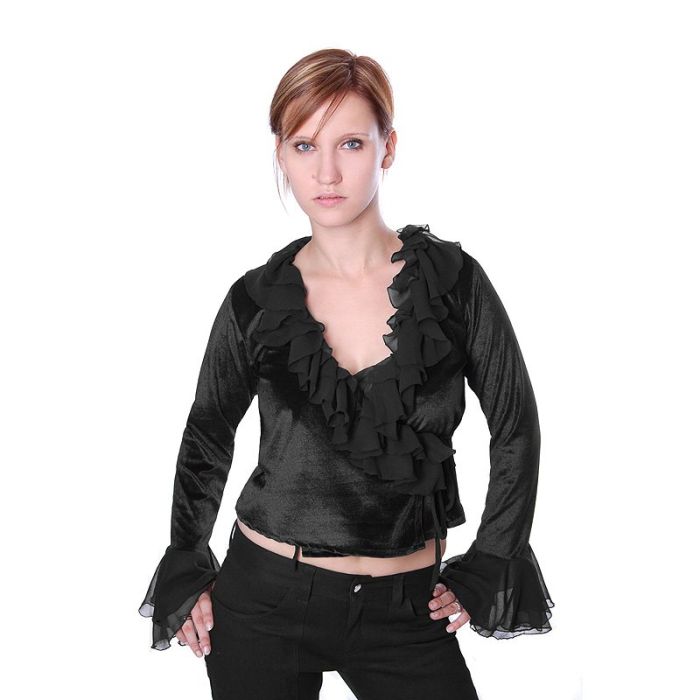 Gothic Mittelalter Bluse Samt schwarz mit Rüschen und Spitze Oberteil