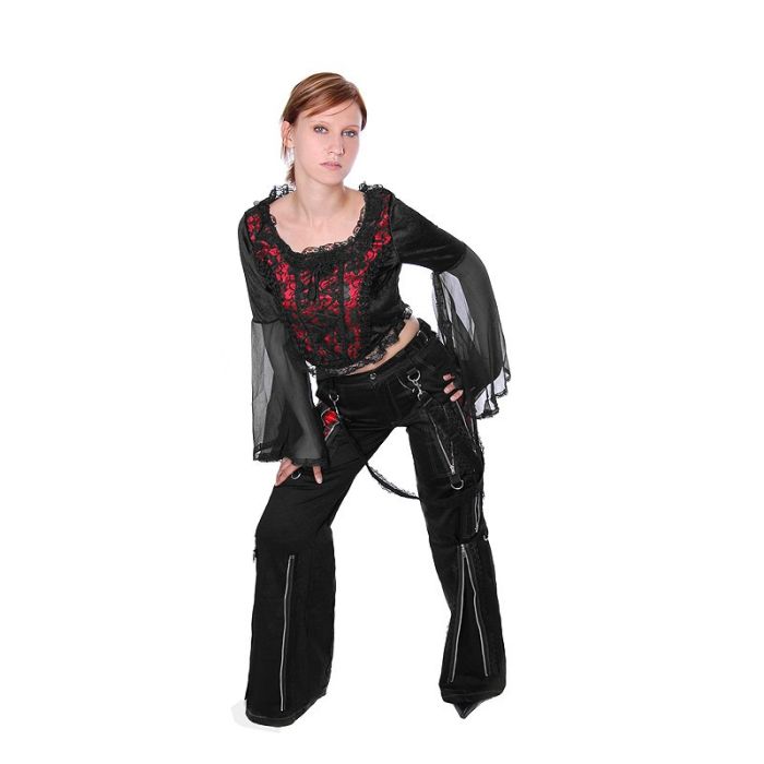 Gothic Mittelalter Oberteil schwarz mit rotem Satin und Spitze an den Ärmeln