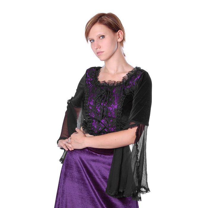 Gothic Oberteil larp schwarz mit lila Satin und Spitze an den Ärmeln