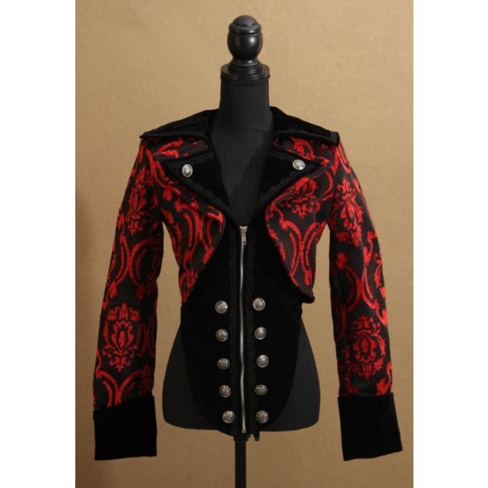 Steampunk Damenweste Brokat rot mit Samt schwarz