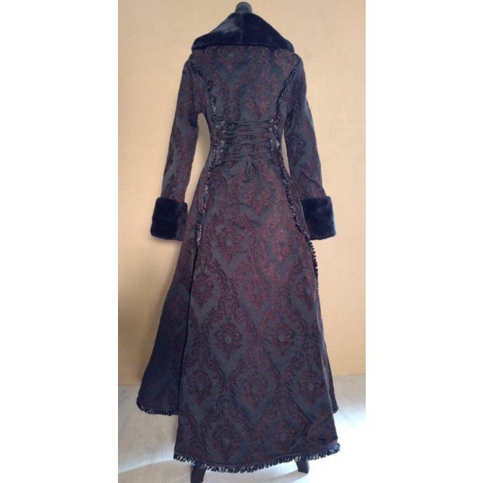 Steampunk Mantel Damen Brokat viktorianisches Muster mit Kunstfellkragen braun