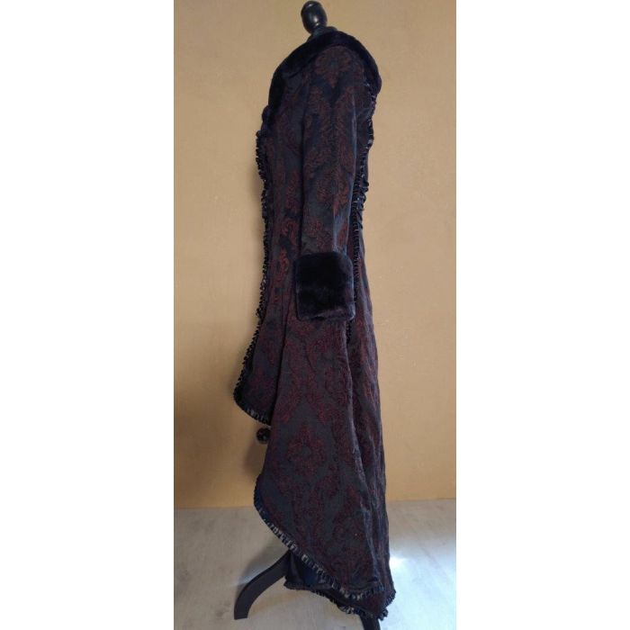 Steampunk Mantel Damen Brokat viktorianisches Muster mit Kunstfellkragen braun