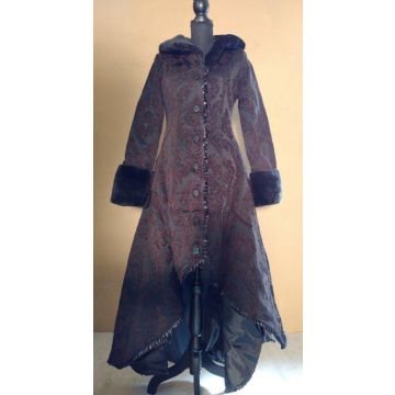 Steampunk Mantel Damen Brokat viktorianisches Muster mit Kunstfellkragen braun