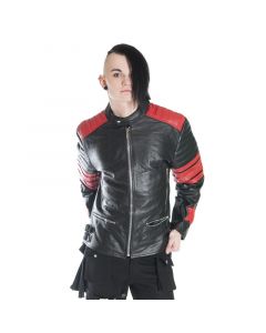 Herren Motorradjacke 100 % Leder, mit roten Streifen