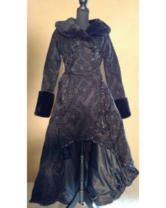 Steampunk Mantel Damen Brokat viktorianisches Muster mit Kunstfellkragen gothic